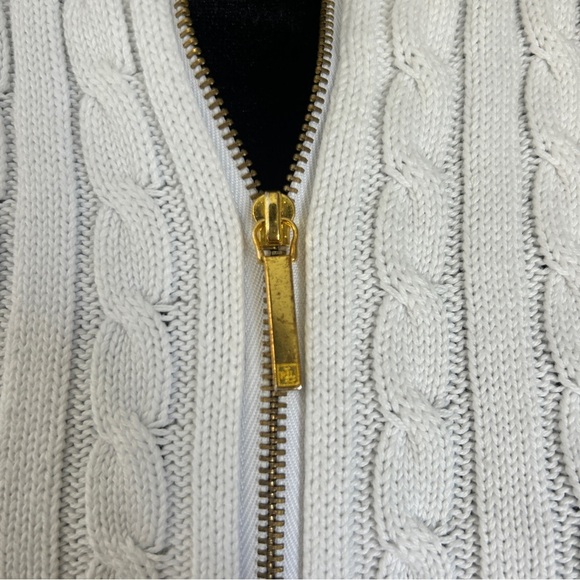 Lauren Ralph Lauren White and Gold Zipper Cable Knit Cardigan - Picture 3 of 12
